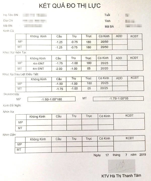 Kết quả khám mắt trên phiếu khám mắt