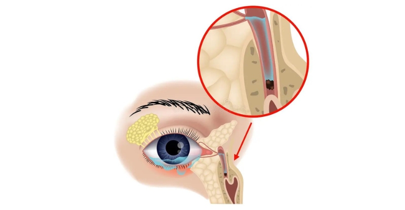 Lệ đạo bị tắc, nước mắt bị ứ đọng tại túi lệ, dẫn đến viêm và nhiễm trùng